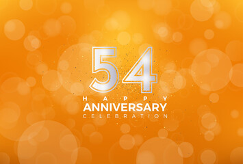 54th Anniversary celebration, 54 Anniversary celebration, Realistic 3d sign, Orange background, festive illustration, Silver number 54 sparkling Glitter, 54,55