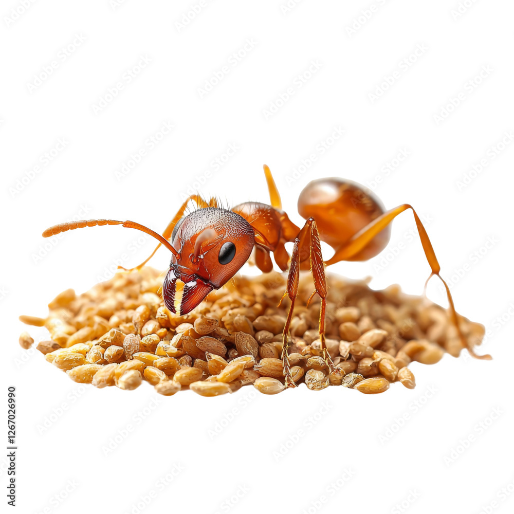 Poster ant on pile of seeds, showcasing intricate details and textures. ant vibrant colors contrast with li