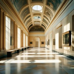 Obraz premium Spacious gallery interior with tall windows casting shadows on polished floors in an art museum. Generative AI