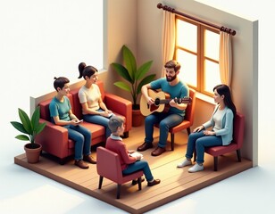 Friends Enjoying Music and Conversation in Cozy Living Room - 3D Illustration