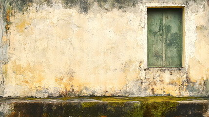 Rustic Textured Wall with Green Window Shutter in Soft Light