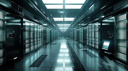 Futuristic server room hallway with illuminated racks; digital technology background