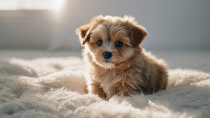 dorable Fluffy Puppy on Soft Blanket