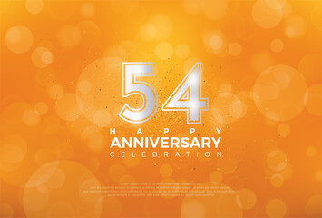 54th Anniversary celebration, 54 Anniversary celebration, Realistic 3d sign, Orange background, festive illustration, Silver number 54 sparkling Glitter, 54,55