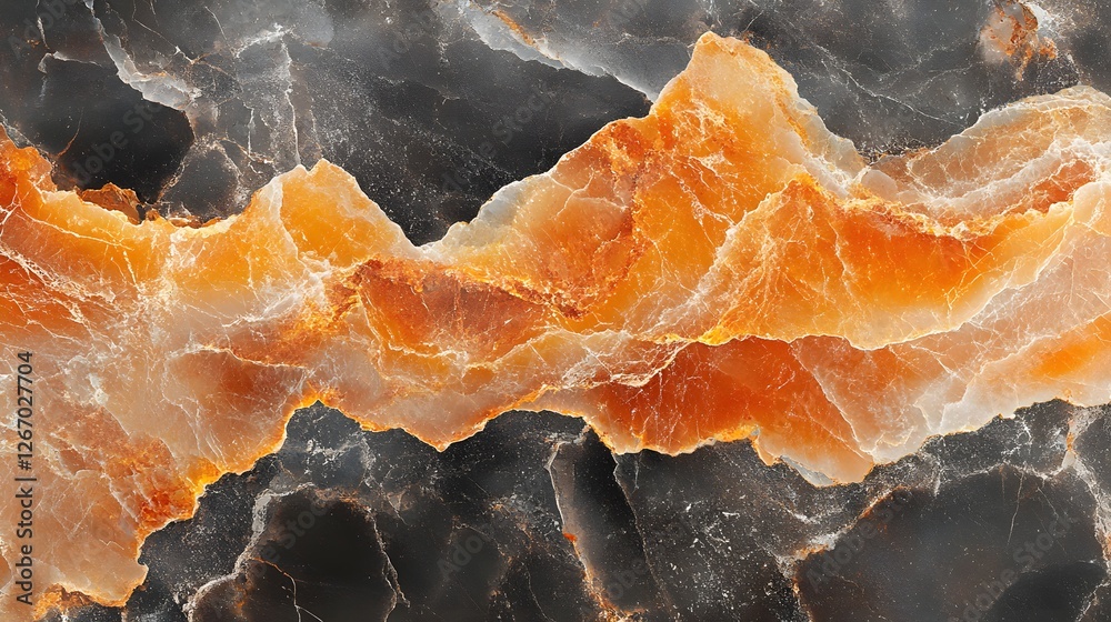 Poster Close-up view of an orange and black marble texture. Rich colors and unique patterns create an abstract design. Macro detail. Abstract Orange and Black Marble Texture: A Stunning Visual Masterpiece