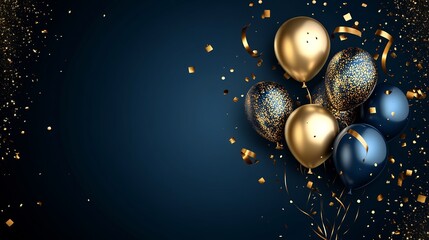 Elegant gold and navy balloons joyfully celebrate a festive occasion against a deep blue backdrop. AI Generated