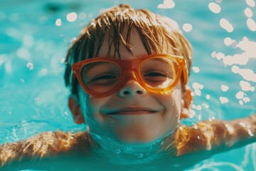 Naklejka premium Child smiles swimming at pool wearing goggles having fun on summer vacation