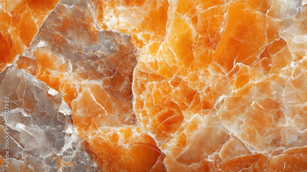 Poster Close-up view of orange onyx marble with intricate patterns and veining. Rich textures and colors make it ideal for backgrounds, design projects. Macro detail. Orange Onyx Marble Texture