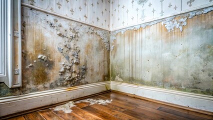 Severe Water Damage in Corner of Room with Peeling Wallpaper and Mold