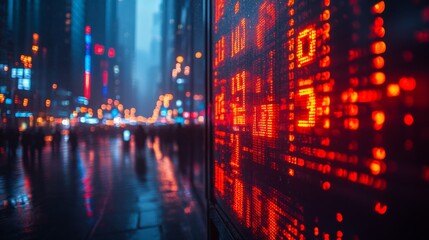 Night city street blurred background with glowing stock ticker.