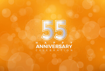 55th Anniversary celebration, 55 Anniversary celebration, Realistic 3d sign, Orange background, festive illustration, Silver number 55 sparkling Glitter, 55,56
