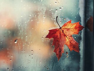 Abstract Fall Leaves Sticking to a Rain-Covered Glass Window, Vibrant Autumn Foliage in Red, Orange, and Yellow with Blurred Background and Water Droplets for a Cozy Seasonal Mood