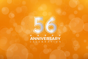 56th Anniversary celebration, 56 Anniversary celebration, Realistic 3d sign, Orange background, festive illustration, Silver number 56 sparkling Glitter, 56,57