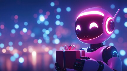Obraz premium Futuristic robot with glowing features, holding a gift box surrounded by festive lights in a joyful setting