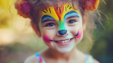 Happy girl with tiger face paint, enjoying a playful outdoor moment with bright colors