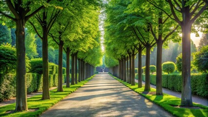 Fototapeta premium Sunlit Pathway Through Lush Green Tree-Lined Avenue with Neat Hedges