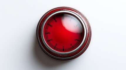 Red circular gauge with metallic rim on white background.