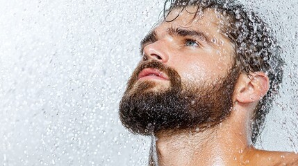 Man showering, water droplets, facial hair, clean