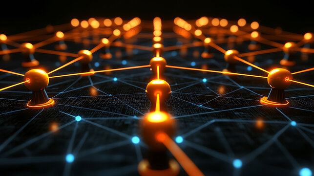 Abstract network connection visualization. Glowing nodes and lines form a complex web, ideal for tech, AI, or blockchain concepts.