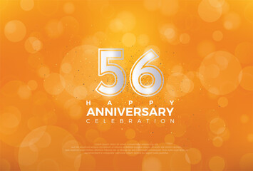 56th Anniversary celebration, 56 Anniversary celebration, Realistic 3d sign, Orange background, festive illustration, Silver number 56 sparkling Glitter, 56,57