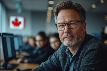 Obraz premium Confident Mature Man Working in Modern Office, Canadian Flag in Background
