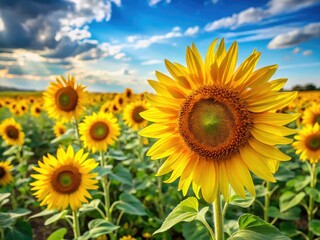 A landscape of golden sunflowers bathed in sunlight, a summer breeze painting the scene.