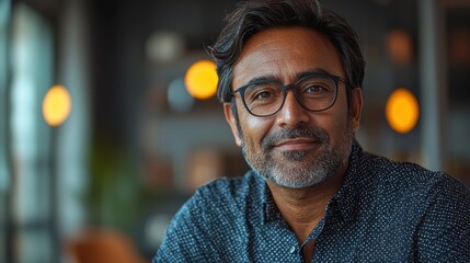 Confident Middle-Aged Man with Glasses Smiling in a Cafe