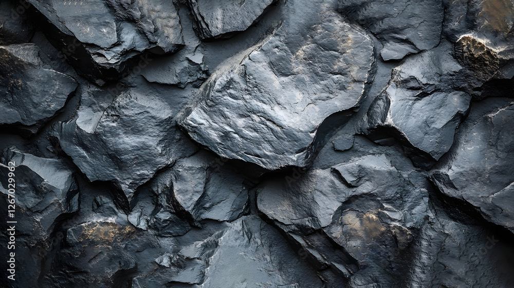 Poster close-up view of a dark grey stone wall, showcasing the rough texture and jagged edges of the rocks.