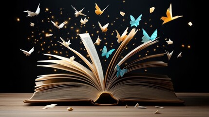 An Enchanting Spread of a Book with Fluttering Butterflies and Magical Particles Capturing the Essence of Imagination and Creativity in a Stunning High Fidelity Image