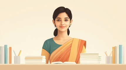 Young Indian Woman Teacher with Books and Stationery