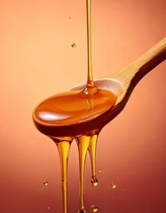 Golden Honey Flowing from Wooden Spoon