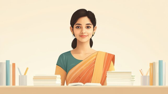 Young Indian Woman Teacher with Books and Stationery - Powered by Adobe