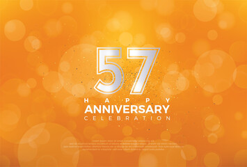 57th Anniversary celebration, 57 Anniversary celebration, Realistic 3d sign, Orange background, festive illustration, Silver number 57 sparkling Glitter, 57,58