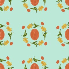 Seamless floral Easter pattern with decorated eggs and narcissus on light blue background, dpi 5000x5000