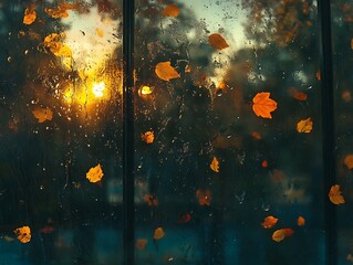 Abstract Fall Leaves Sticking to a Rain-Covered Glass Window, Vibrant Autumn Foliage in Red, Orange, and Yellow with Blurred Background and Water Droplets for a Cozy Seasonal Mood