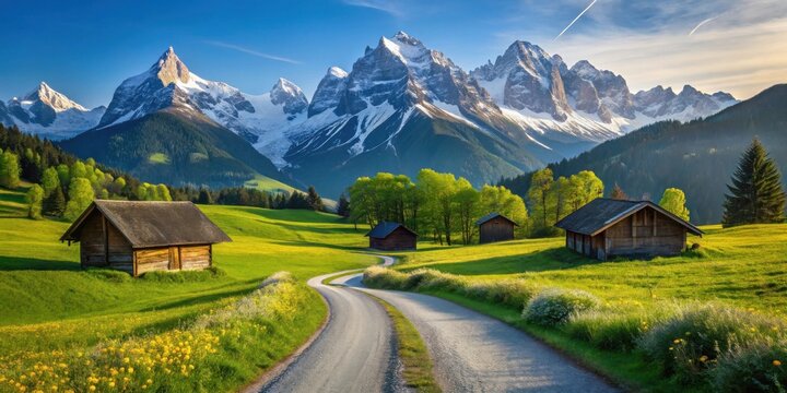Serene mountain valley road winds past rustic wooden cabins nestled in a vibrant green meadow, beneath a majestic snow-capped mountain range