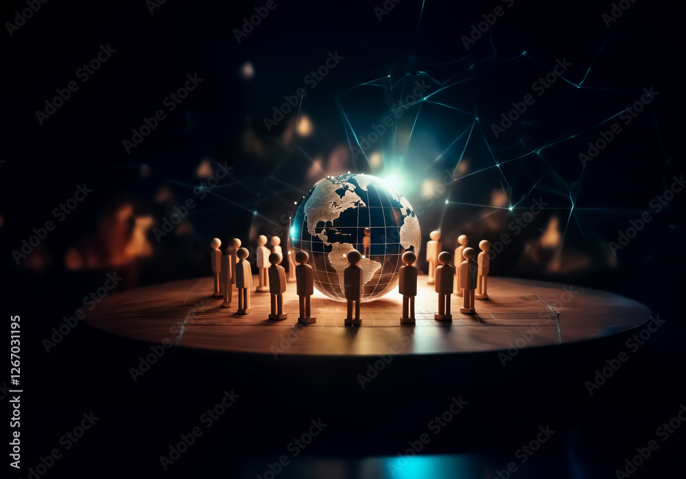 Leinwandbilder miniature figures gather around a glowing globe on a platform, connected by a digital network in a d