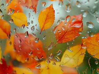 Abstract Fall Leaves Sticking to a Rain-Covered Glass Window, Vibrant Autumn Foliage in Red, Orange, and Yellow with Blurred Background and Water Droplets for a Cozy Seasonal Mood