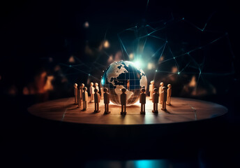 Miniature figures gather around a glowing globe on a platform, connected by a digital network in a dark abstract space.