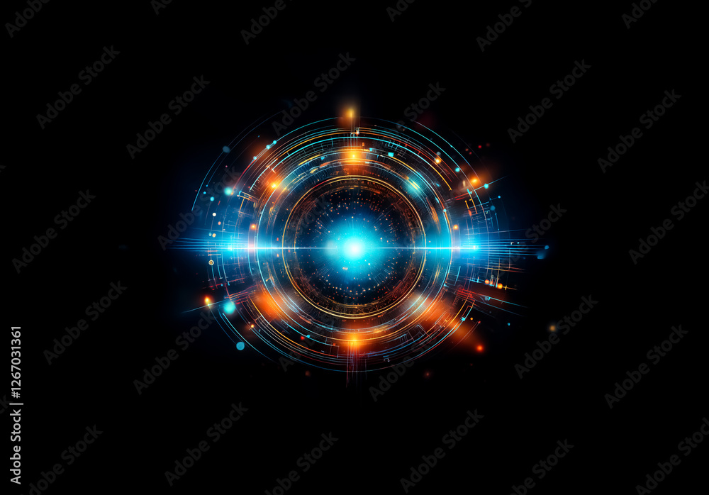 Poster Vibrant circular light effect against a black backdrop.  Blue and orange glowing rings emanate from a bright central point, creating a dynamic and abstract visual.