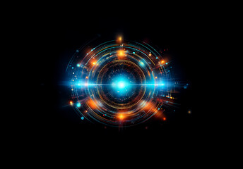 Fototapeta premium Vibrant circular light effect against a black backdrop. Blue and orange glowing rings emanate from a bright central point, creating a dynamic and abstract visual.