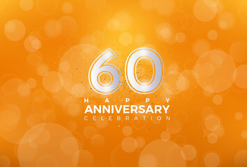 60th Anniversary celebration, 60 Anniversary celebration, Realistic 3d sign, Orange background, festive illustration, Silver number 60 sparkling Glitter, 60,61