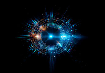 Abstract circular design with blue and orange lights on a black backdrop. It resembles a portal or an energy core with radiating light beams.