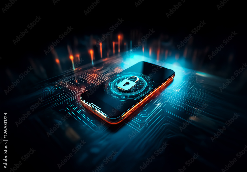 Fototapete A locked smartphone rests on a glowing circuit board backdrop.  Blue and orange light trails accent the digital security theme with a padlock icon displayed.