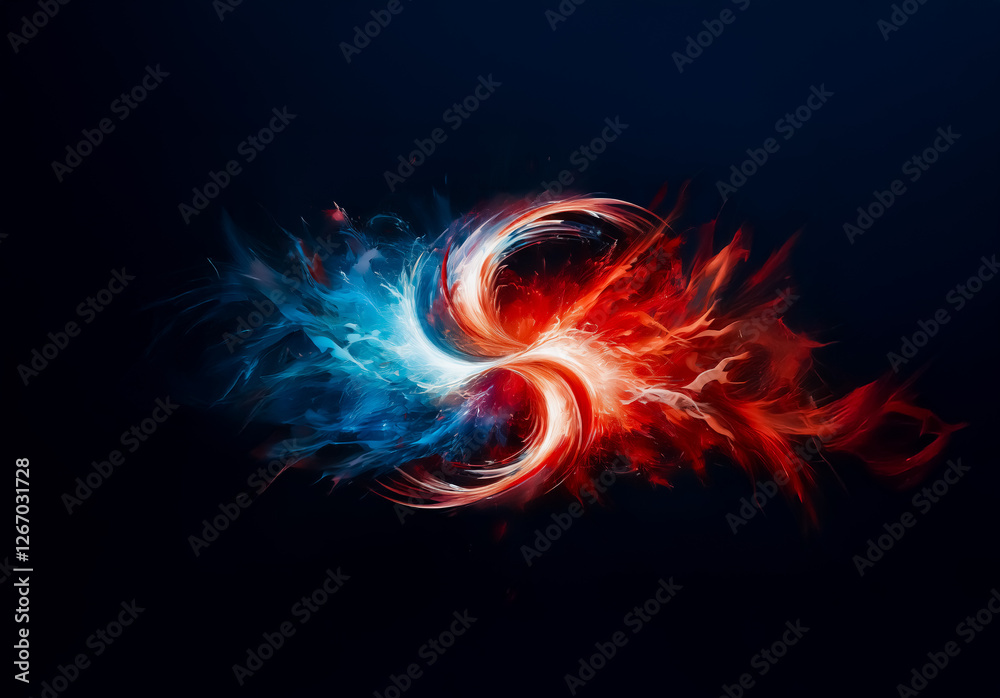 Poster a dynamic swirl of vibrant blue and fiery red hues clashes and merges against a stark dark backdrop,