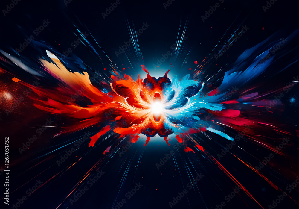 Poster vibrant abstract explosion of red and blue colors emanating from a bright center against a dark back