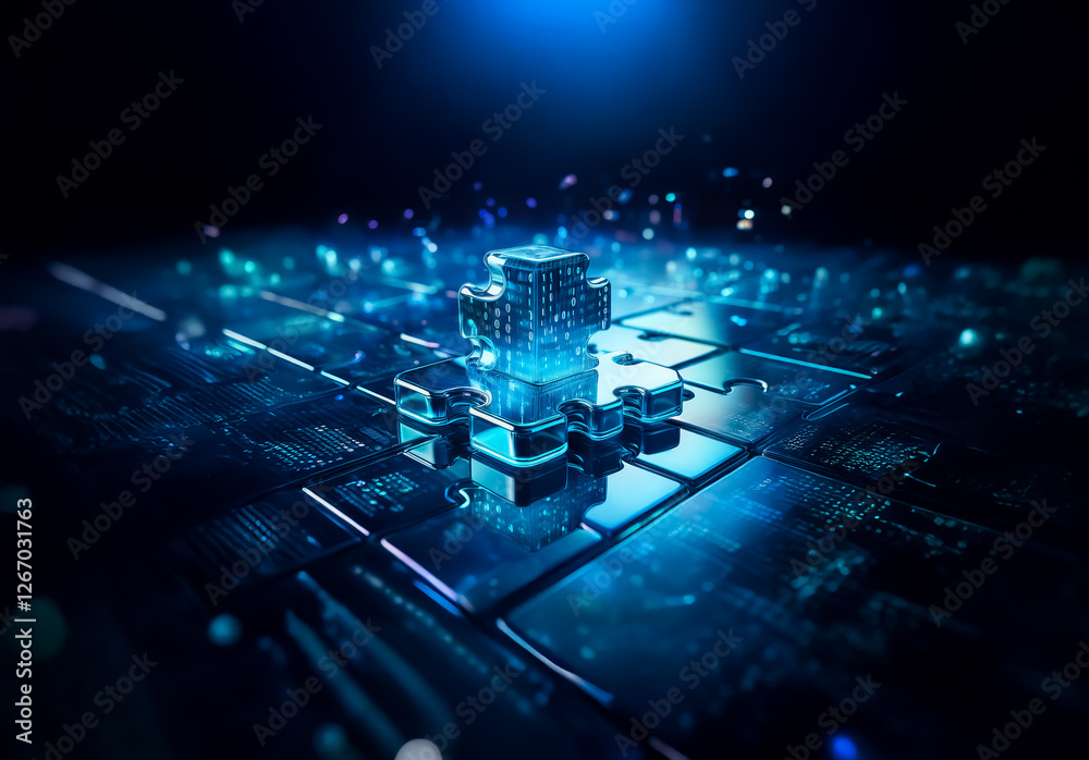 Poster glowing blue cube on circuit board surface. futuristic abstract tech with bright neon lights, digita