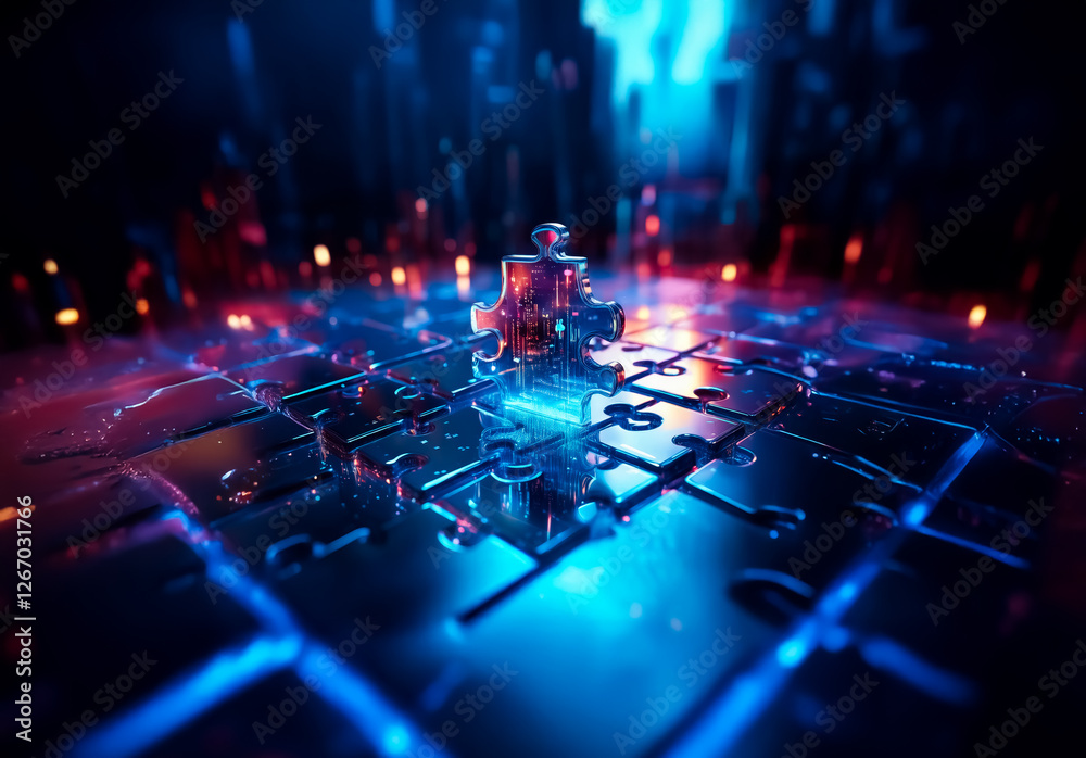 Leinwandbilder illuminated jigsaw puzzle piece being placed into a glowing, futuristic puzzle grid with blue and re