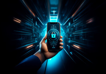 A human hand holds a smartphone displaying a digital lock icon.  Blurred blue light streaks in the background suggest speed and modern technology, emphasizing digital security.