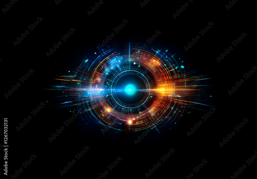 Poster A luminous abstract circular design with vibrant blue and orange light emanates against a dark backdrop, creating a futuristic and technological visual element.
